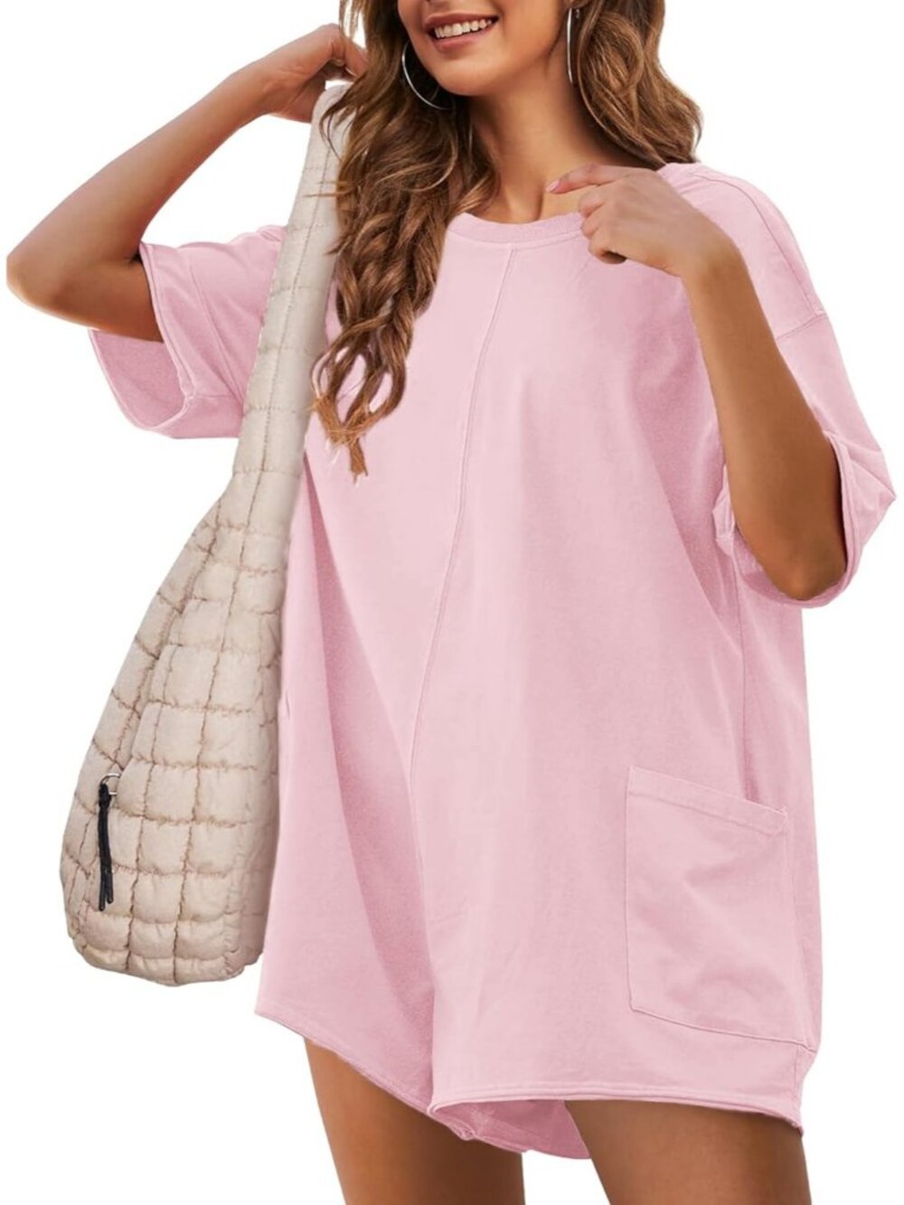 Women's Pink Casual Oversized Athletic Overall Workout Hot Shot Tee Romper
